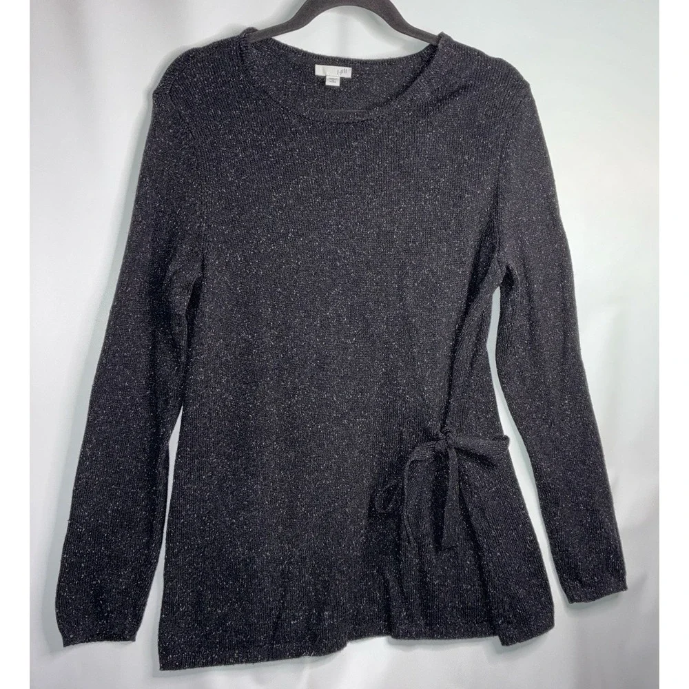 J Jill Sweater Medium Petite Black Fleck Cotton Silk Blend Side‎ Tie Casual Cozy